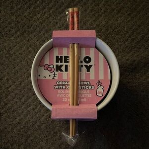 Hello Kitty Pink and White Ceramic Bowl with Chopsticks